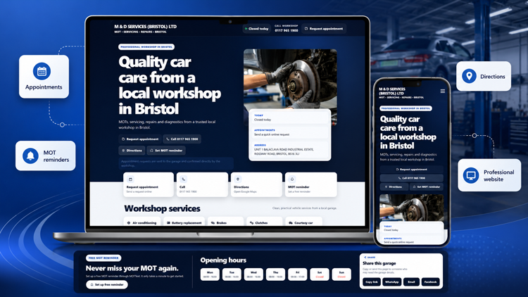 Example MOTText garage website shown on desktop and mobile